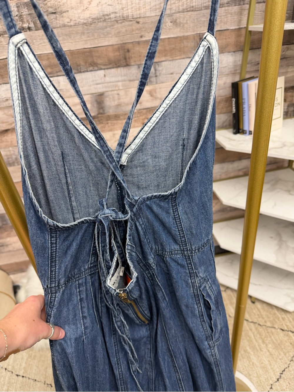 Miou Muse Blue Denim Wide Leg Jumpsuit M - Picture 3 of 4
